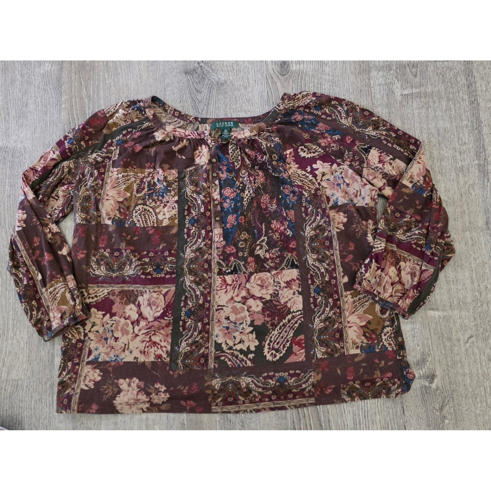 Lauren Ralph Lauren Floral Paisley Patchwork Cotton Knit Top Blouse‎ Size 3XL